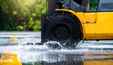 A heavy-duty yellow forklift demonstrates its power and resilience, driving through a large puddle on a wet asphalt road after a rainstorm.の素材