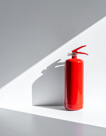 In a clean, modern, and quiet space, a single red fire extinguisher stands ready.の素材