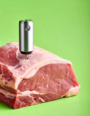A modern wireless meat thermometer is inserted into a fresh, raw pork roast, ready for the oven or grill.の素材