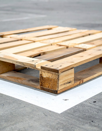 An empty wooden pallet rests on a stark concrete floor, a symbol of potential and movement.の素材