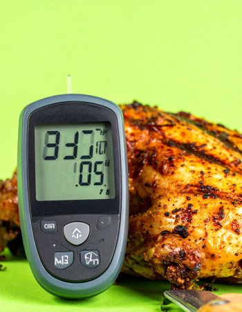 A close-up of a blood glucose meter showing a healthy reading next to a piece of grilled chicken.の素材