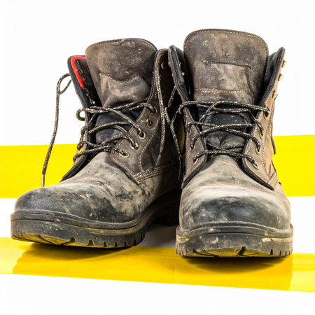 A pair of heavily worn and dirty work boots rests after a long day. Each scuff and layer of grime tells a story of hard labor, resilience, and the dedication of a blue-collar worker.の素材