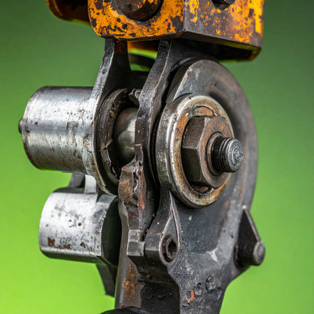 A detailed macro shot captures the weathered texture and robust engineering of a heavy-duty mechanical pivot point.の素材