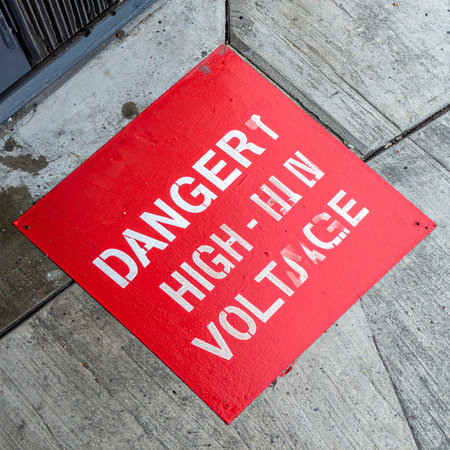 A weathered, red diamond-shaped sign with stenciled white letters delivers a stark message: 'DANGER HIGH VOLTAGE'.の素材