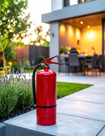 A bright red fire extinguisher stands ready on the patio of a modern home, a symbol of safety and preparedness against the warm, inviting glow of a summer evening.の素材