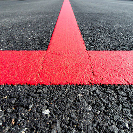 A vibrant red line cuts across the dark, textured asphalt, creating a stark visual boundary.の素材