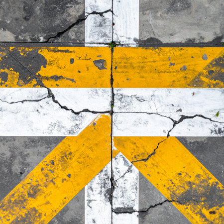 A top-down view captures the raw beauty of urban decay. Weathered yellow and white lines, once clear guides, are now fractured by deep cracks in the concrete.の素材