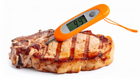 A juicy, thick-cut pork chop, fresh off the grill with perfect sear marks, is checked for doneness with a digital meat thermometer.の素材