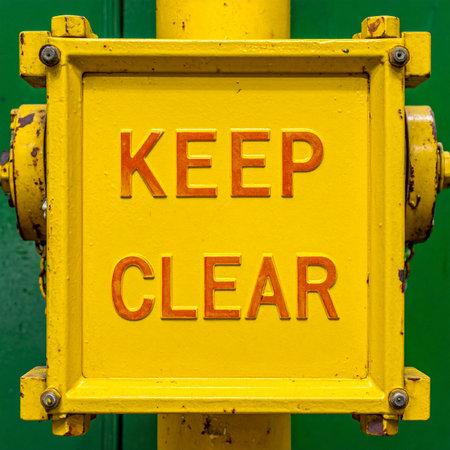 A bold 'Keep Clear' warning sign is prominently displayed on a weathered yellow industrial fixture against a green background.の素材
