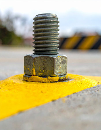 A close-up, detailed shot of a heavy-duty industrial bolt and nut, firmly anchored to a concrete surface marked with a bright yellow safety line.の素材