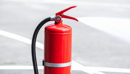 A bright red fire extinguisher stands ready for action against a clean, minimalist background.の素材