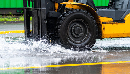 A powerful yellow forklift demonstrates its resilience, splashing through a large puddle on a rain-slicked industrial lot.の素材