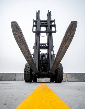 From a low angle perspective, a powerful industrial forklift stands ready for action. Its forks are raised and spread wide like wings, poised to lift and move heavy loads.の素材