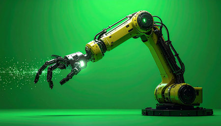 In a glimpse of the near future, a high-precision robotic arm extends its cybernetic hand, manipulating glowing particles of data. This powerful image symbolizes the dawn of Industry 4.の素材
