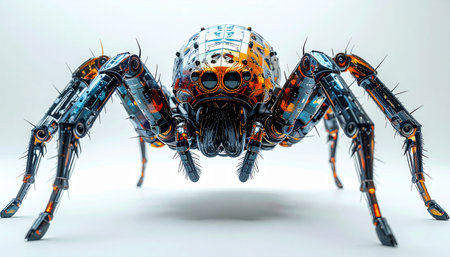 A marvel of bio-mechanical engineering, this advanced cybernetic arachnid bot stands ready on a clean white background.の素材