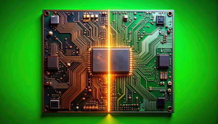 A powerful central processing unit glows with intense energy, sending streams of digital data through the intricate pathways of a futuristic circuit board.の素材