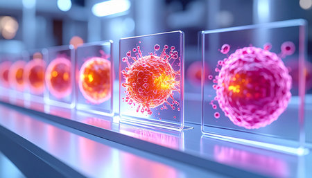 In a state-of-the-art laboratory, a series of microscopic cells are displayed on transparent screens, illustrating a critical stage of development or mutation.の素材