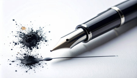 A close-up view of an elegant fountain pen resting beside expressive black ink splatters on a clean white surface.の素材