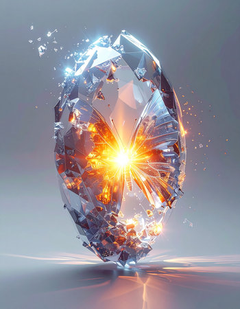 A brilliant, perfectly cut gemstone reaches its breaking point, unable to contain the immense power and light glowing from its core.の素材