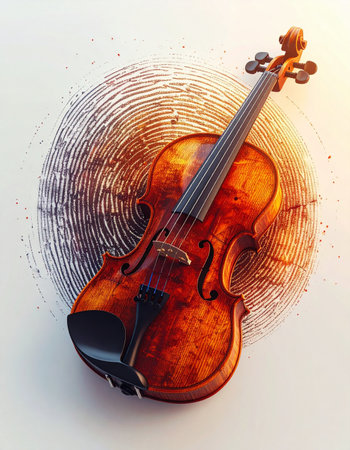 An artistic representation of a classic wooden violin, where music becomes visible.の素材