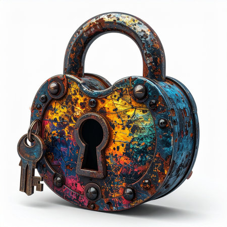 An old, weathered padlock, covered in a vibrant explosion of colorful paint, holds a secret.の素材