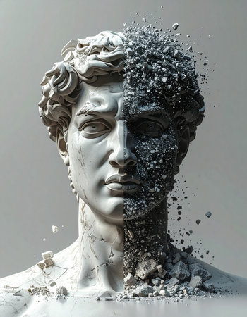 A timeless marble bust, a symbol of history and enduring art, dramatically shatters and dissolves into a cloud of dust and fragments.の素材