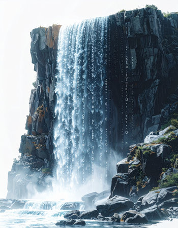 Witness the raw, untamed power of nature as a massive waterfall plunges over a sheer rock cliff.の素材