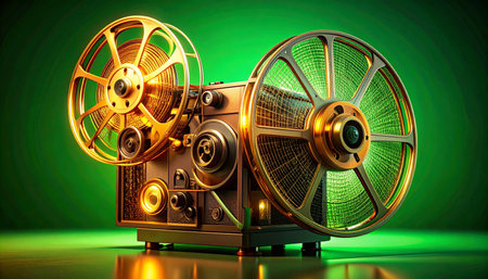 A classic cinema projector, with gleaming golden reels and intricate mechanics, stands ready against a vibrant green backdrop.の素材