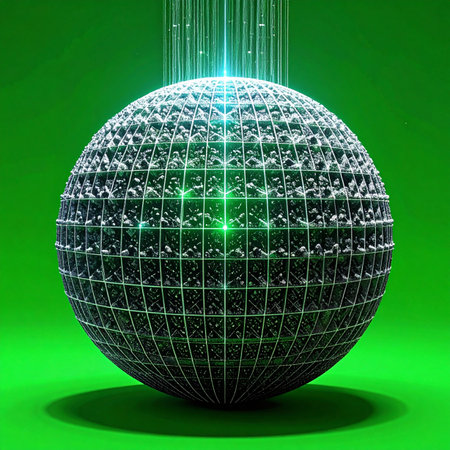 A luminous digital sphere pulsates with green energy, representing a central core of global data and sustainable technology.の素材