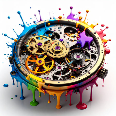 A vibrant explosion of rainbow-colored paint splashes across the intricate gears of a precision timepiece.の素材