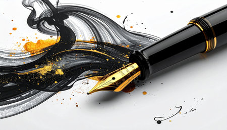 An elegant fountain pen rests on a clean surface as a dynamic swirl of black and gold ink flows from its nib.の素材