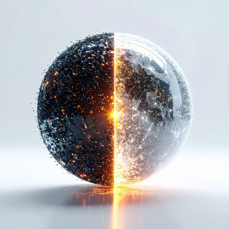 A luminous sphere embodies the concept of duality, split by a brilliant line of energy. One half represents chaotic, raw data, while the other reflects clear, structured order.の素材