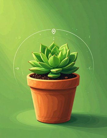 A beautifully rendered digital painting captures the simple elegance of a green succulent in a terracotta pot.の素材