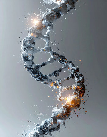 A digitally rendered DNA helix glows with points of light, symbolizing a genetic breakthrough or the activation of a specific gene sequence.の素材