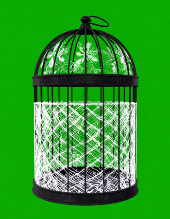An empty, ornate black birdcage stands isolated against a vibrant green screen background. A delicate, web-like pattern of white lights or strings inside adds a touch of mystery and elegance.の素材