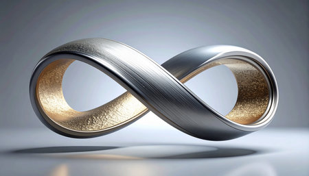 A beautifully crafted metallic infinity symbol, with a silver exterior and a golden interior, floats gracefully.の素材
