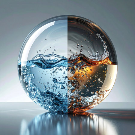 Within a pristine crystal sphere, two opposing forces collide. Cool, clear water splashes against a fiery, warm liquid, creating a dynamic display of elemental contrast.の素材