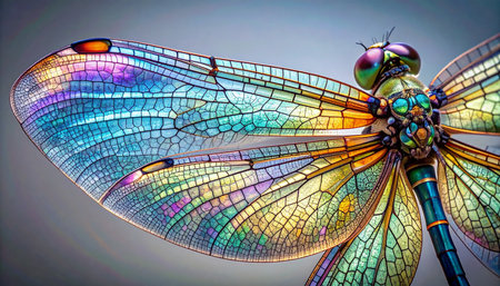 A stunning macro photograph captures the intricate and ethereal beauty of a dragonfly's wing.の素材