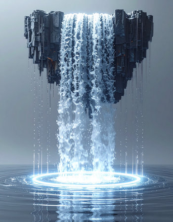 From a mysterious, levitating island suspended in a tranquil sky, a powerful waterfall cascades into the waters below, creating a glowing, magical portal.の素材