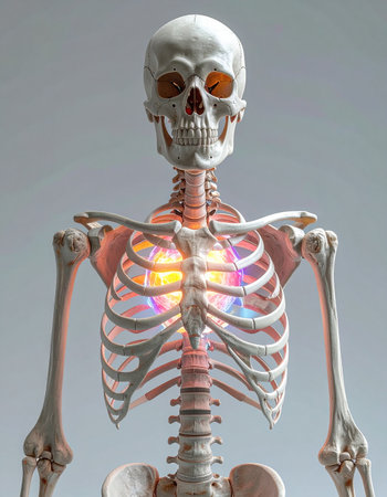 An anatomical model of a human skeleton reveals a stunning secret within its ribcage: lungs that glow with a vibrant, otherworldly energy.の素材