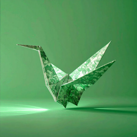 A single dollar bill is transformed into an elegant origami crane, a symbol of hope and prosperity.の素材