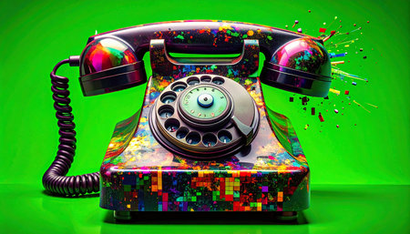 A classic rotary telephone, a symbol of past conversations, bursts into the present with a chaotic and vibrant explosion of paint.の素材