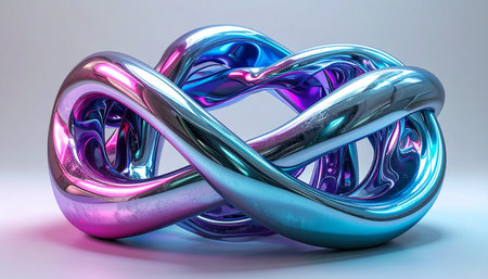 A seamless, iridescent chrome sculpture twists in an endless loop, symbolizing concepts of eternity, fluid connection, and futuristic innovation.の素材