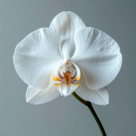 A single, perfect white orchid blossom stands in quiet elegance against a soft, neutral gray background.の素材