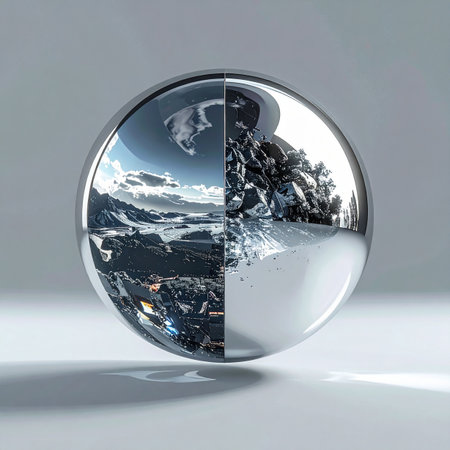 A single, polished chrome sphere holds a universe of possibilities.の素材