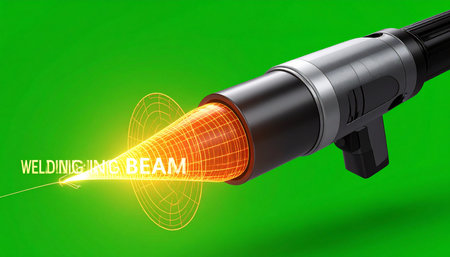A close-up of a futuristic laser welding tool emits a powerful, glowing orange beam, showcasing the pinnacle of advanced manufacturing and precision engineering.の素材