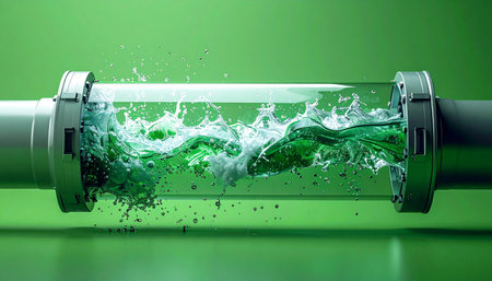 A vibrant green liquid surges with turbulent energy through a transparent section of a pipeline, illustrating a powerful process in motion.の素材