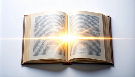 An old, weathered book lies open, its pages filled with ancient text.の素材