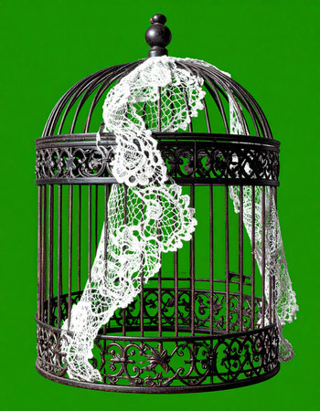 An ornate, empty birdcage adorned with delicate white lace, isolated on a vibrant green background.の素材