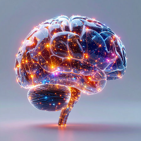 A luminous 3D rendering of the human brain, where a complex web of glowing neurons and synapses fire with vibrant energy.の素材